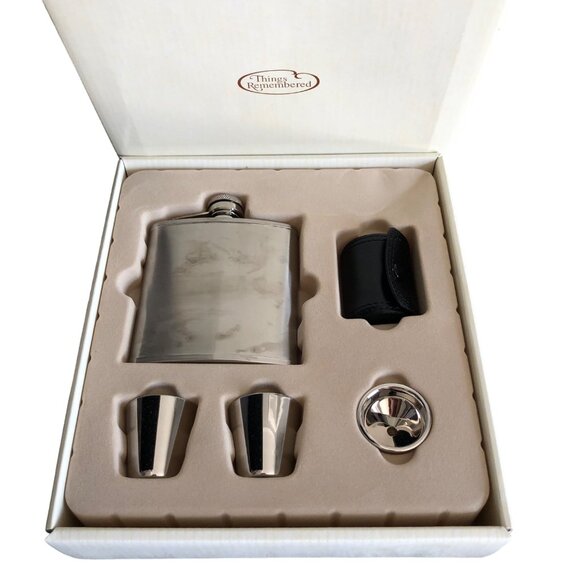 Things Remembered Flask Gift Set Stainless Steel 5oz Engraved Box - Picture 1 of 3